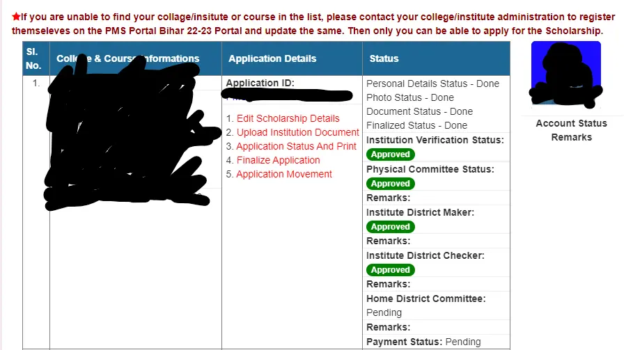 Bihar Post Matric Scholarship Online Status Check